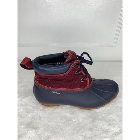 Skechers Womens Duck Boots Quilted Burgundy & Navy Waterproof Rubber Size 7 - Picture 4 of 8